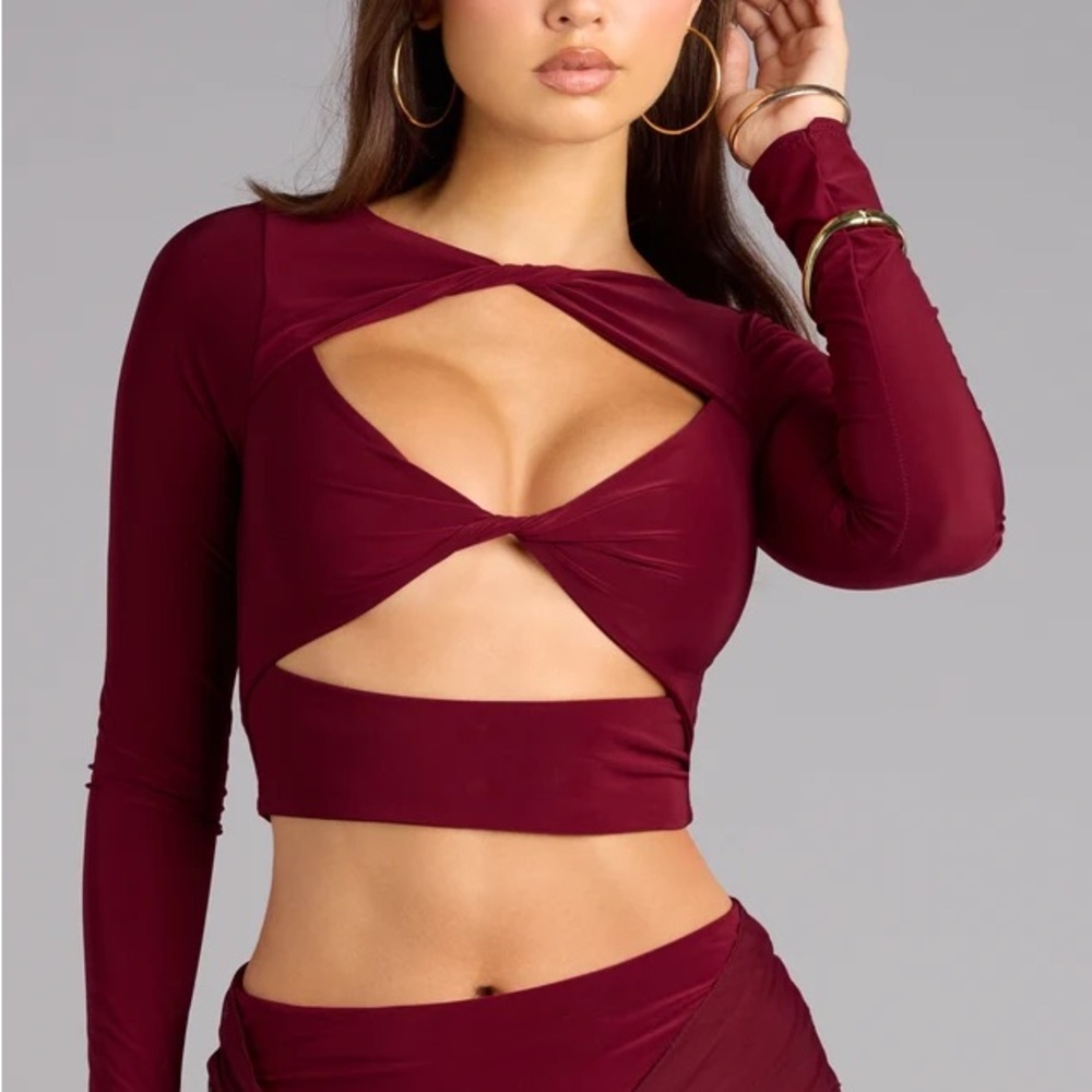 windsor maroon burgundy red sexy cut out long sleeve crop top shirt blouse